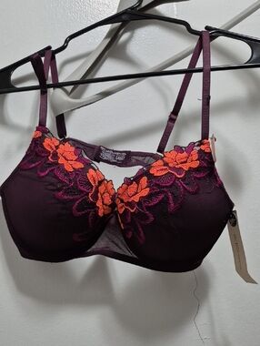 BCBGeneration Plum Underwire Bra with Bright Orange Floral Embroidery